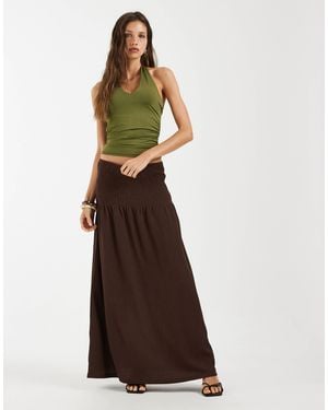 Pieces Dropped Waist Shirred Textured Maxi Skirt - Brown
