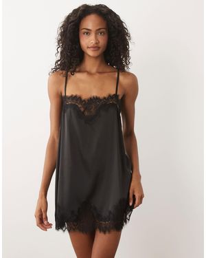 KAT THE LABEL Olivia Satin Lace Slip Dress - Black