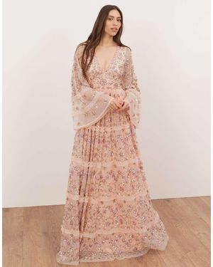 Maya Embellished Flared Long Sleeve Maxi Dress - Pink