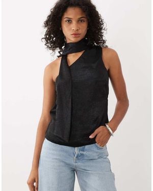 New Look One Shoulder Satin Scarf Neck Top - Black