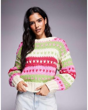 Kiwi & Co Jersey Rosa Y Verde Lima Con Patrón De Grecas Alpinas Con Corazones De Punto Con Lana Cosido A Mano Gingerbread De - Multicolor