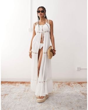 Miss Selfridge Beach Lace Trim Tie Front Maxi Cover Up - Natural