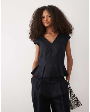 Mango Lbolga Linen Mix V-neck Sleeveless Peplum Hem Top - Black