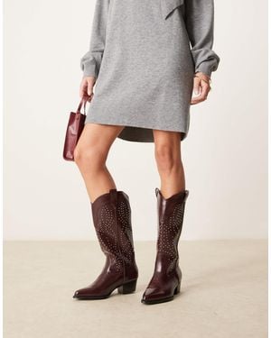 Glamorous Studded Western Knee Boots - Gray