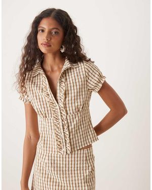 Motel Blusa Marrón Con Cuello De Pico Y Estampado A Cuadros Arla De - Multicolor