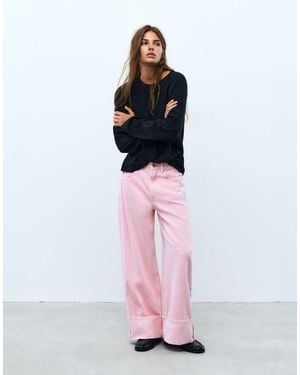Pull&Bear Cropped Baggy Jeans Met Omslagen Zoom - Wit