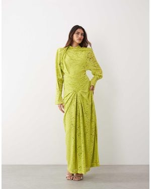 ARRANGE High Neck Ruched Cinched Waist Lace Maxi Dress - Green