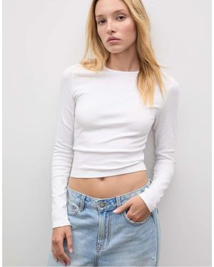 Stradivarius Basic Long Sleeve Cotton T-Shirt - White