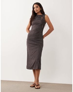Ghospell Mesh Overlay Sleeveless Ruched Detail Slinky Midi Dress - Brown