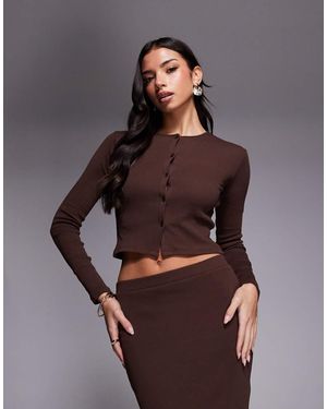 The Frolic Exclusive Ribbed Button Through Long Sleeve Top Co-Ord - Brown