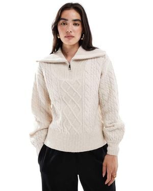 Threadbare Gebreide Trui Met Kabels, 1/4 Rits En Kraag - Wit