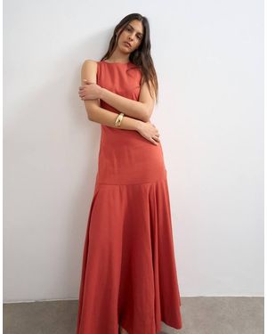 TOPSHOP Linen Rich Dropped Waist Full Circle Hem Midi Dress - Red