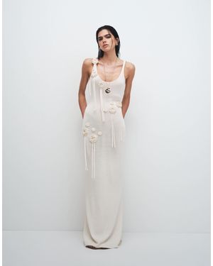 Wanderdoll Lillie Knitted Scoop Neck Corsage Tassel Detail Maxi Dress - Natural