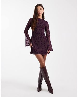 ASOS Flocked Floral Mini Dress With Flute Sleeve - Purple