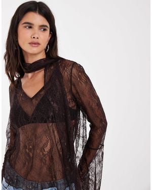 Noisy May Lace Blouse With Scarf - Brown
