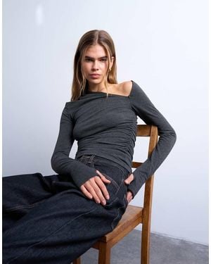 TOPSHOP Top Fruncido De Manga Larga Con Cuello Asimétrico De - Azul