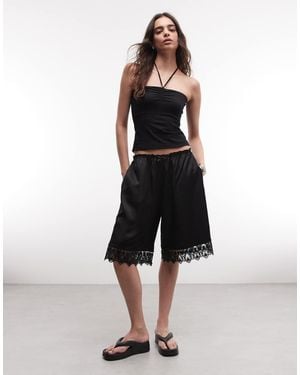 Monki Satin Longline Shorts With Lace Hem - Black