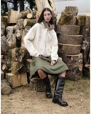 Daisy Street Oversized Zip Up Folktale Hoodie With Faux Fur Hood And Graphics - White
