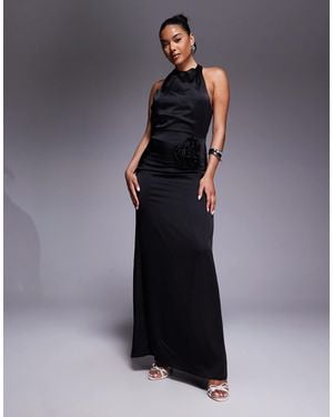 Jarlo Satin Halterneck Open Back Corsage Detail Maxi Dress - Blue
