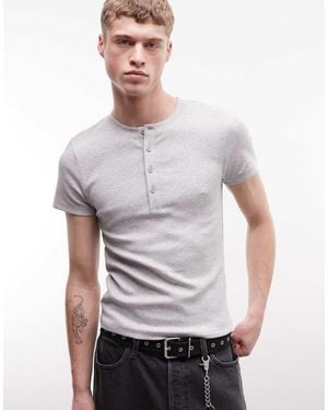 Collusion Rib Muscle Short Sleeve Henley T-Shirt Top - Grey