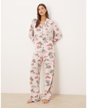 Chelsea Peers Leopard Summer Print Jersey Revere Pyjama Set - Natural