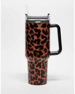 Daisy Street Leopard Print Re-Usable Drinking Cup With Handle And Straw - Multicolour