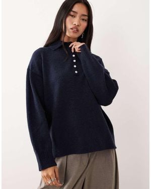 Pretty Lavish Knitted Polo Button Placket Relaxed Jumper - Blue