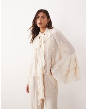 Mango Premium Ruffle Detailing Embroidered Blouse - Natural