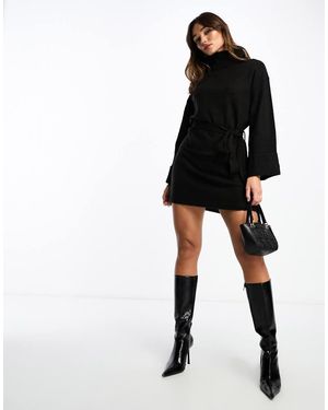 Vila Roll Neck Mini Jumper Dress With Tie Waist - Black