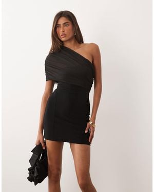 Missy Empire Missy Empire Double Sculpted Slinky Asymmetric Shoulder Fold Over Mini Dress - Black