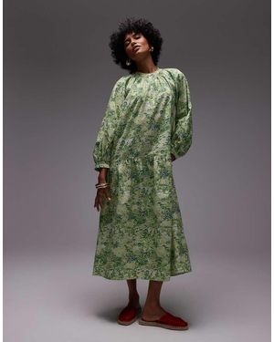 ARKET Vestido Semilargo Verde Amplio Con Estampado De Hojas Y Cintura Baja De Algodón Puro De