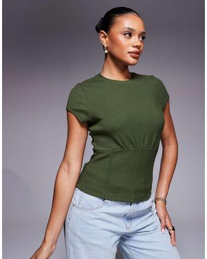 ASOS Fine Rib Short Sleeve Top With Corset Waist - Green