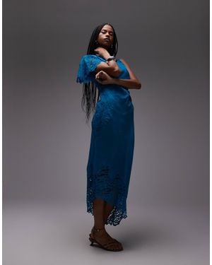 TOPSHOP Lace Insert Grown On Shoulder Midi Dress - Blue