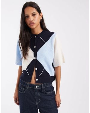 Pieces Kurzärmlige strickjacke mit argyle-muster - Blau