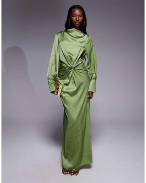 ASOS Twist Front Bias Satin Maxi Dress With Gold Hardware - Green