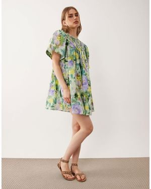 ASOS Crew Neck Shirred Smock Mini Dress - White