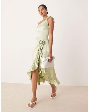 Amy Lynn One Shoulder Ruffle Satin Midaxi Dress With 3d Rose - Natural