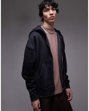 TOPMAN Premium Heavyweight Oversized Fit Acid Wash Zip Through Hoodie - Gray