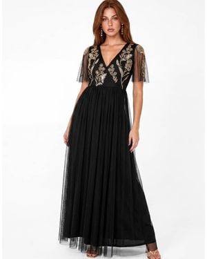 Maya Floral Embellished Faux Wrap Tulle Maxi Dress - Black