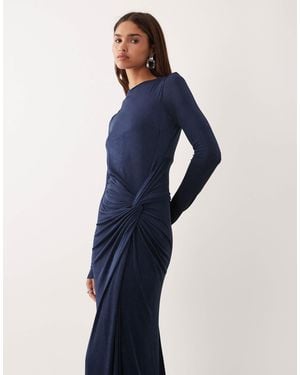 DASKA Stretch Long Sleeve High Neck Twist Detail Maxi Dress - Blue