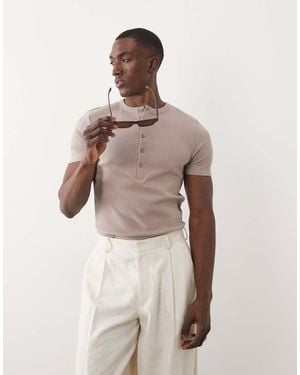ASOS Muscle Fit T-shirt With Henley Neck - Natural