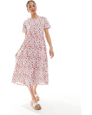 Threadbare Vestido Midi De Manga Corta Con Estampado De Flores Rojas Y Bolsillos De Punto Liso De - Rosa