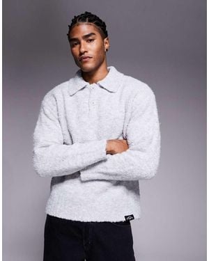 Good For Nothing Knitted Boucle Long Sleeve Polo Jumper - Grey