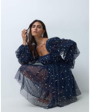 ASOS Tulle Baby Doll Dress With Pearl Embellishment - Blue