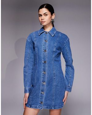 River Island Seam Detailed Button Up Denim Mini Dress - Blue