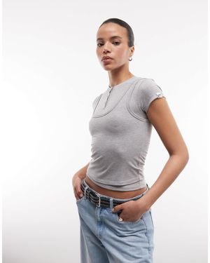 Collusion Double Layer Short Sleeve Henley Neck Top - White