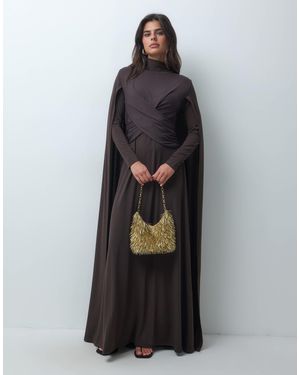 Iyal Mesh Cross Front Cape Detail Maxi Dress - Black