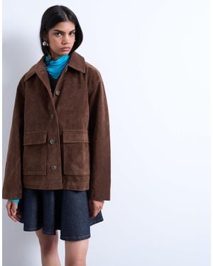 TOPSHOP Faux Suede Patch Pocket Boxy Jacket - Brown