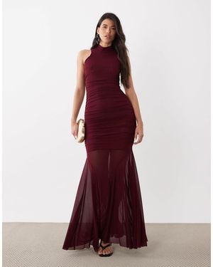 Ruched & Ready Sculpting Mesh High Neck Sleeveless Fishtail Sheer Hem Maxi Dress - Red