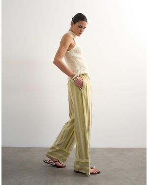 TOPSHOP Linen Blend Multi Striped Straight Leg Pants - Green